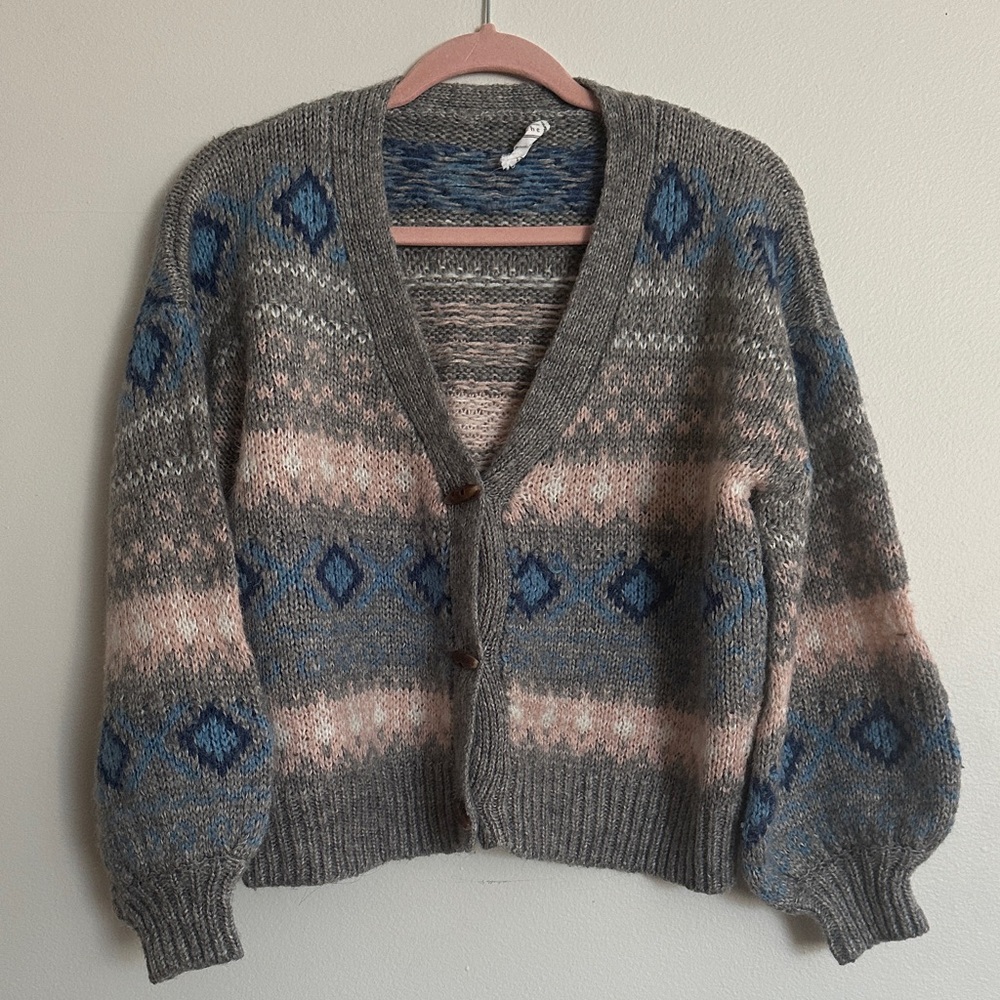 Nordic Gray and Blue Fair Isle Patterned Cardigan - Picture 2 of 6
